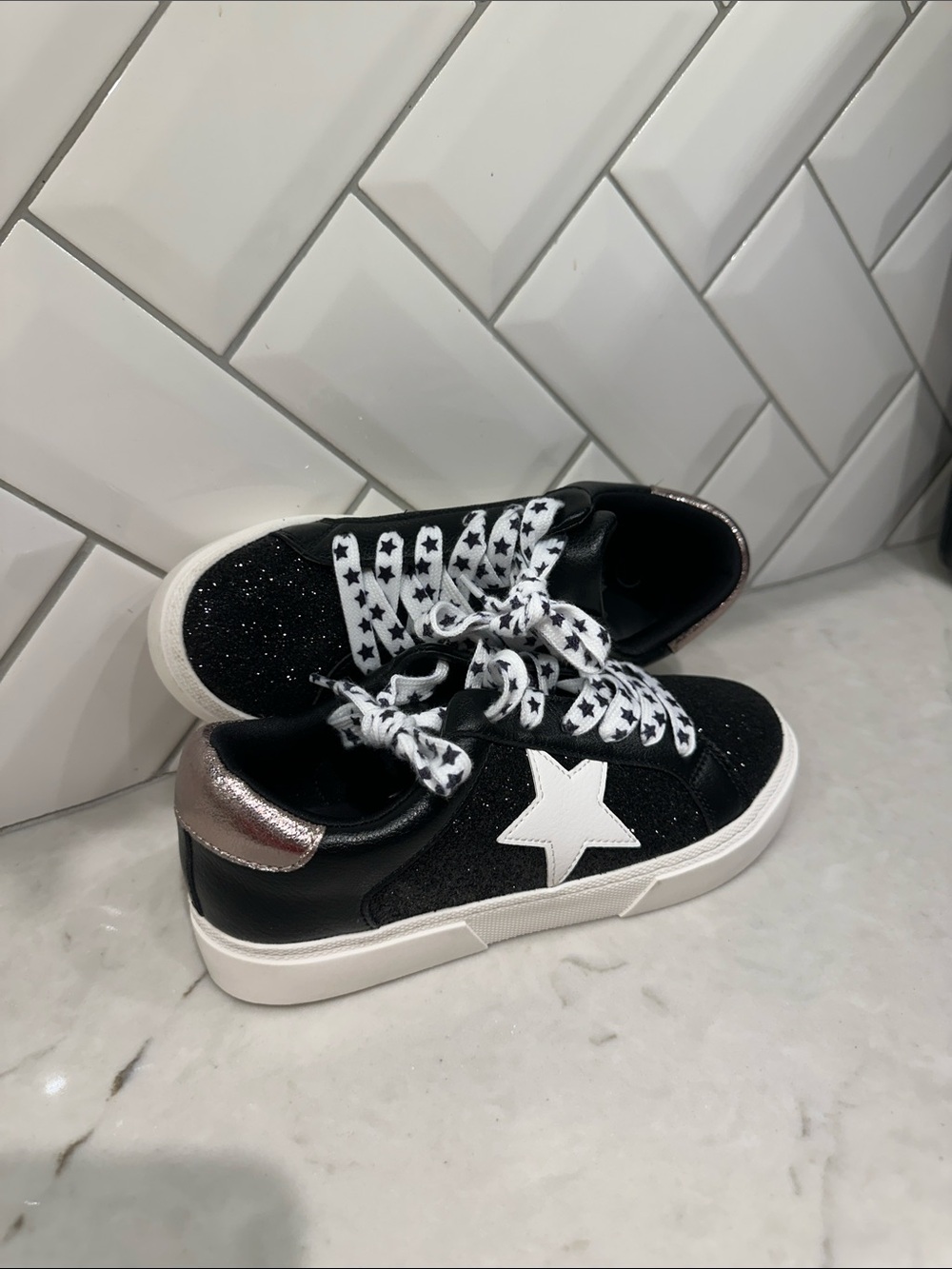 Black Glitter Star Sneakers with White Star Accent size 2Y